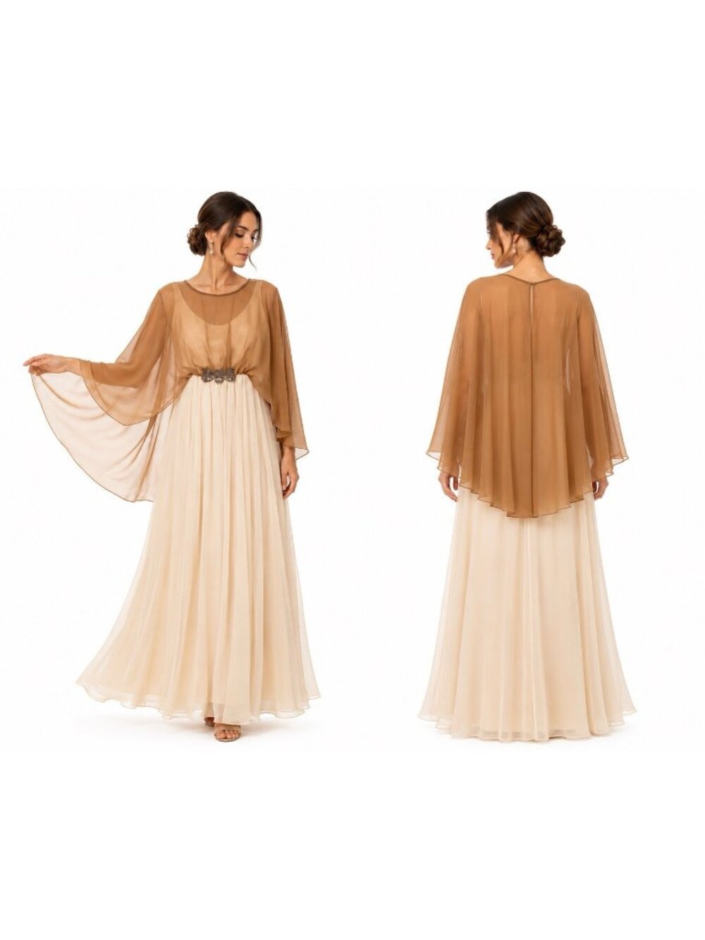 vintage 70s chiffon capelet sleeve evening gown MEDIUM goddess formal romantic